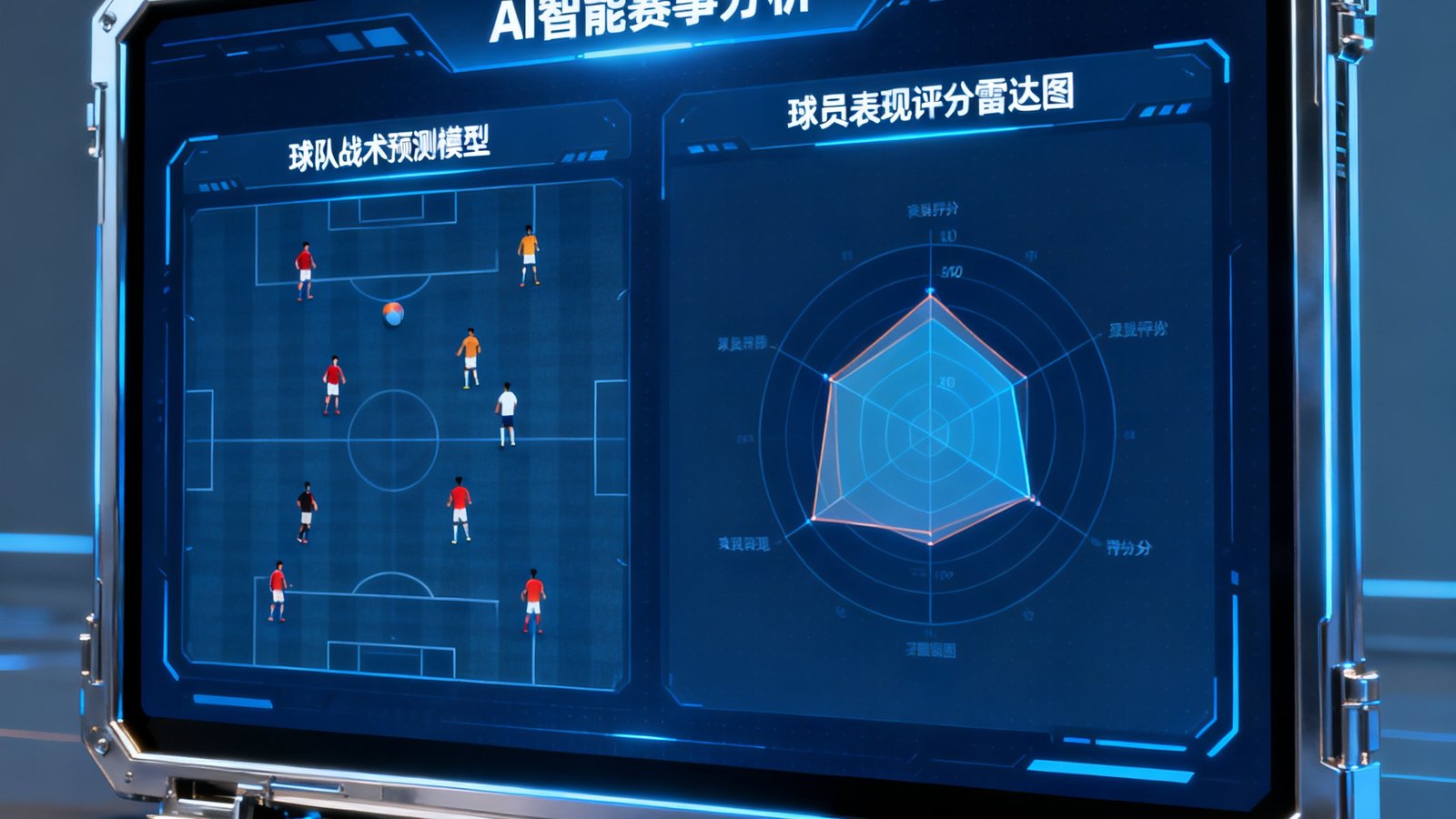 概念图展示AI智能赛事分析界面，屏幕显示球队战术预测模型和球员表现评分雷达图，科技感十足