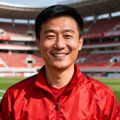 一位约30岁的中国男性球迷面带微笑的半身肖像照，身穿红色足球训练夹克，背景为体育场看台