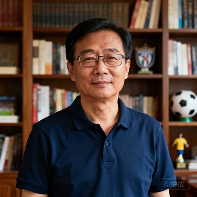 一位40岁左右戴眼镜的中国中年男性球迷半身肖像，穿着深蓝色Polo衫，表情沉稳自信，背景为书房书架