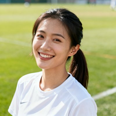 一位25岁左右的中国女性足球迷半身肖像，扎马尾辫，穿着白色运动T恤，笑容阳光开朗，背景为户外草地