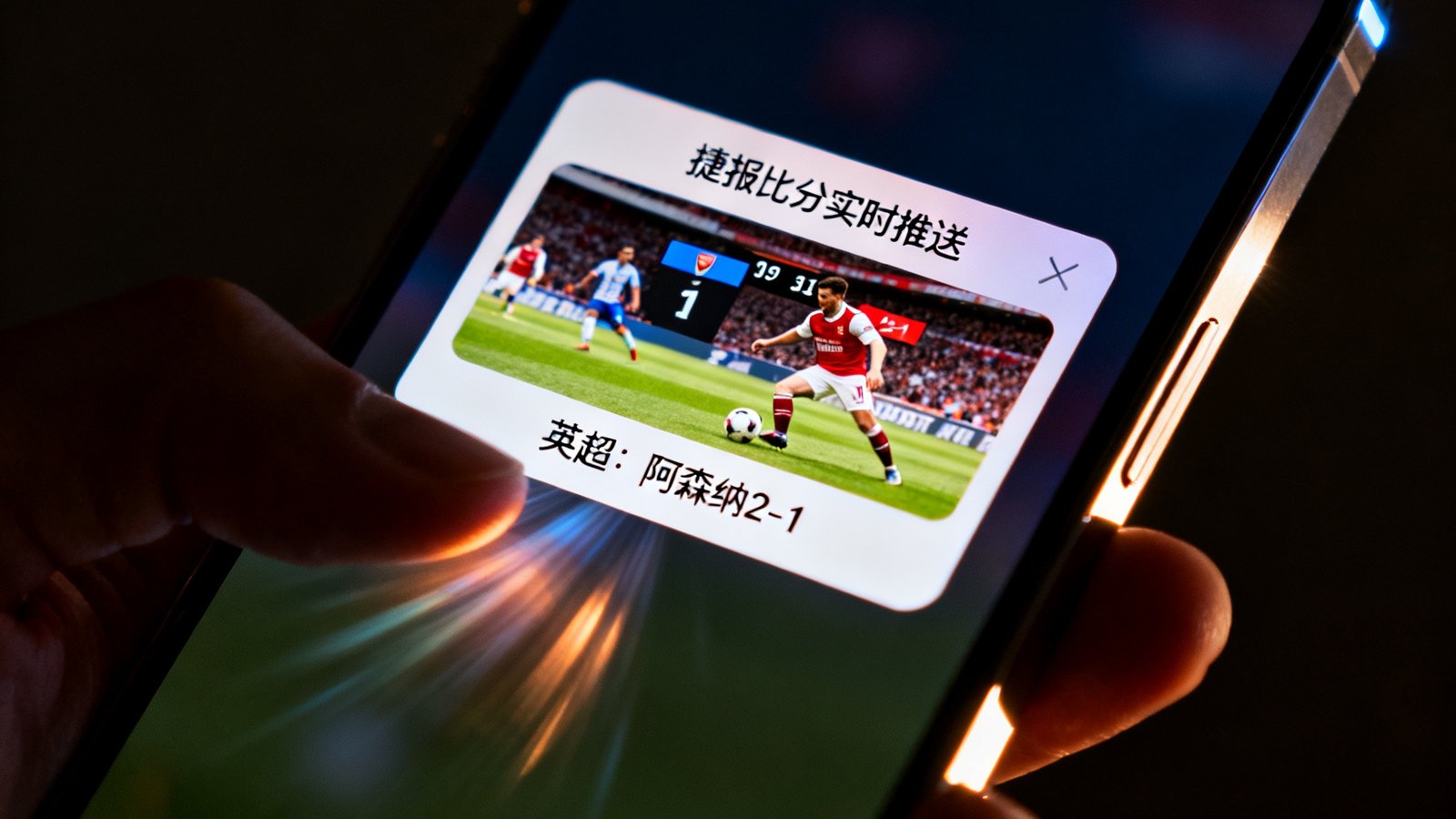 一部智能手机屏幕上弹出捷报比分实时推送通知，显示英超比赛中阿森纳进球比分更新为2比1的瞬间画面