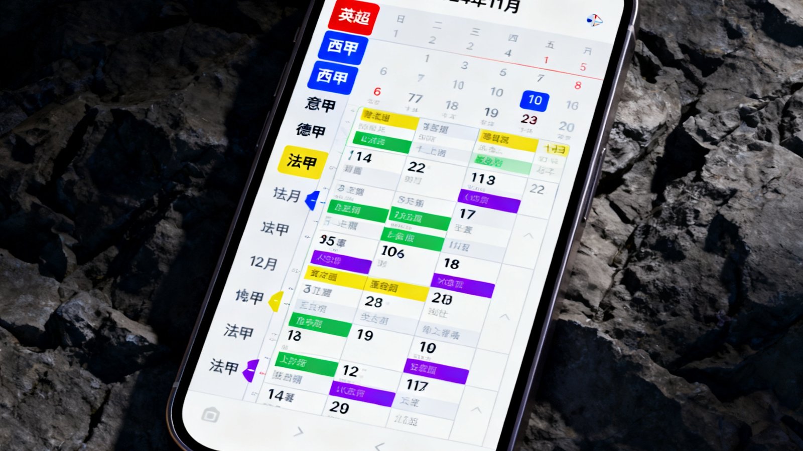 捷报比分手机版赛程日历界面截图，以月视图展示2024年11月欧洲五大联赛密集赛程，不同颜色标注各联赛比赛日