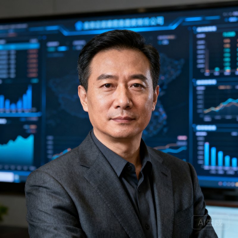 捷报比分创始人兼CEO张毅的半身商务肖像照，40岁男性，穿深灰色西装，背景为公司数据大屏，表情坚定从容